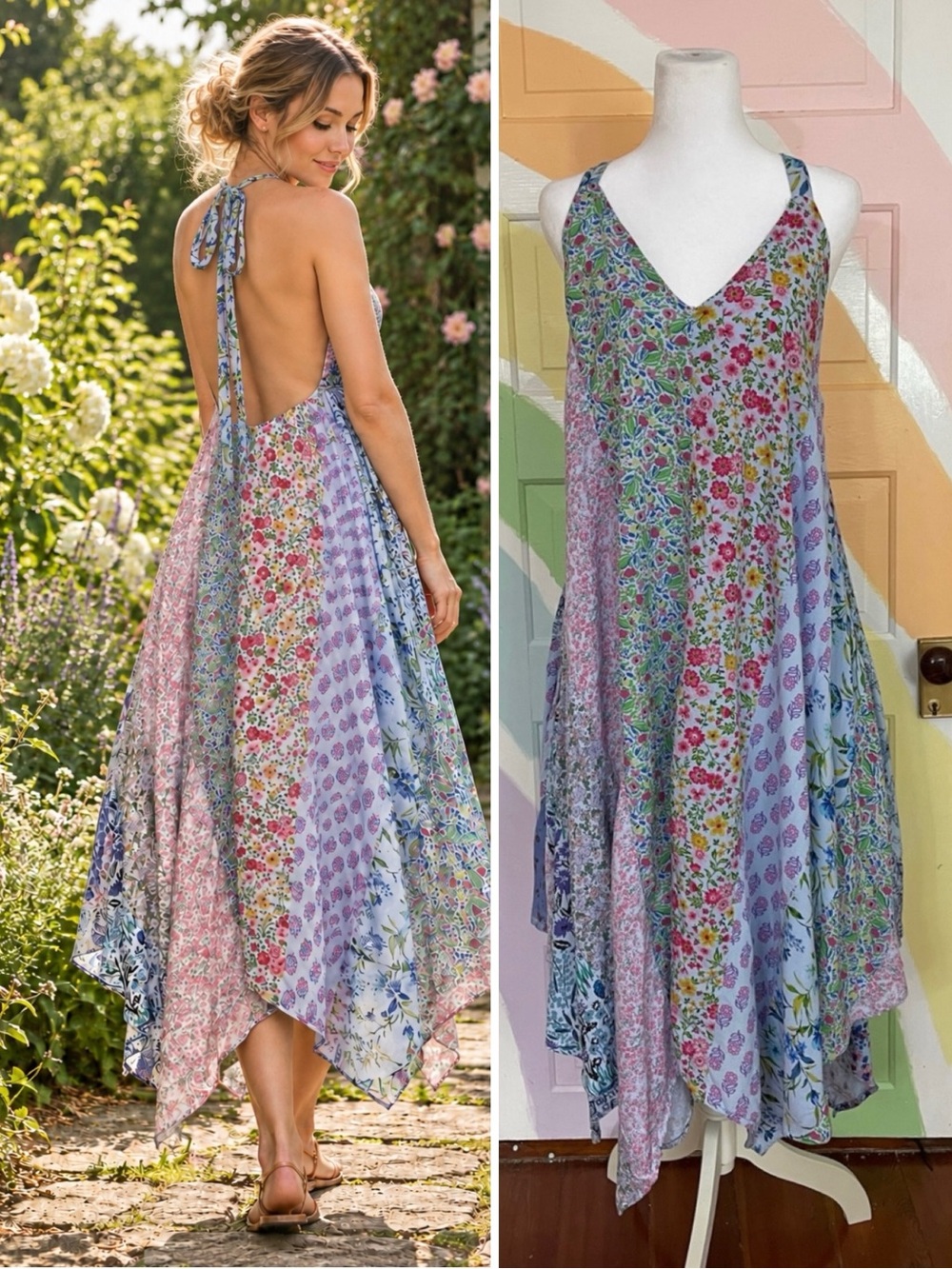 NWT Blue Sky Patchwork Floral Handkerchief Hem Hippie Boho Halter Dress OS 💛🎀